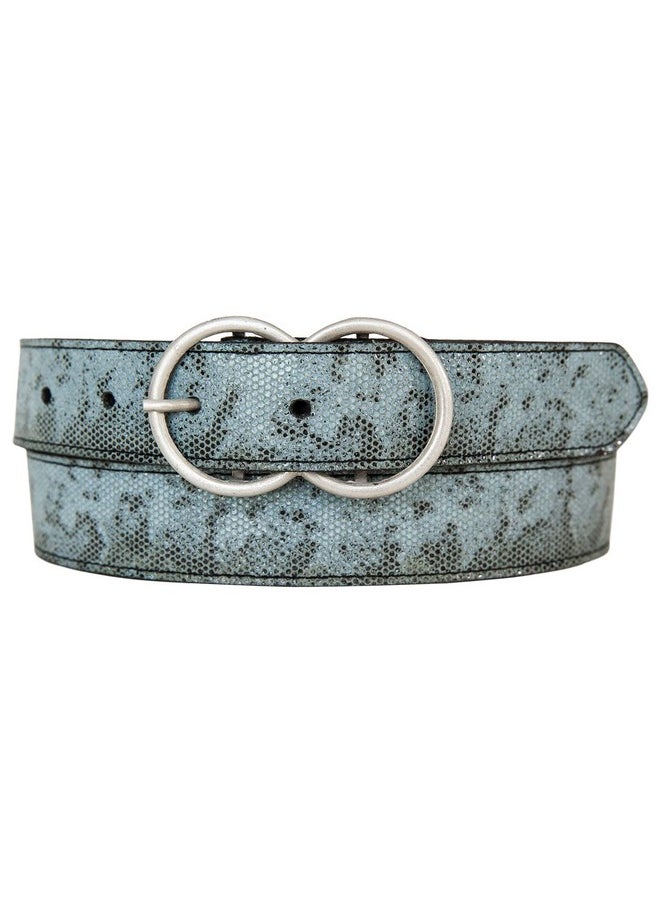 Women Leather Bold Fashion Statement Belts, Snakeskin Double Ring-Black/Blue, M (28-30