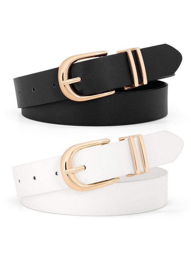 2 Pack Women'S Leather Belt For Jeans Pants Plus Size Faux Leather Fashion Ladies Belts For Dresses With Gold Buckle