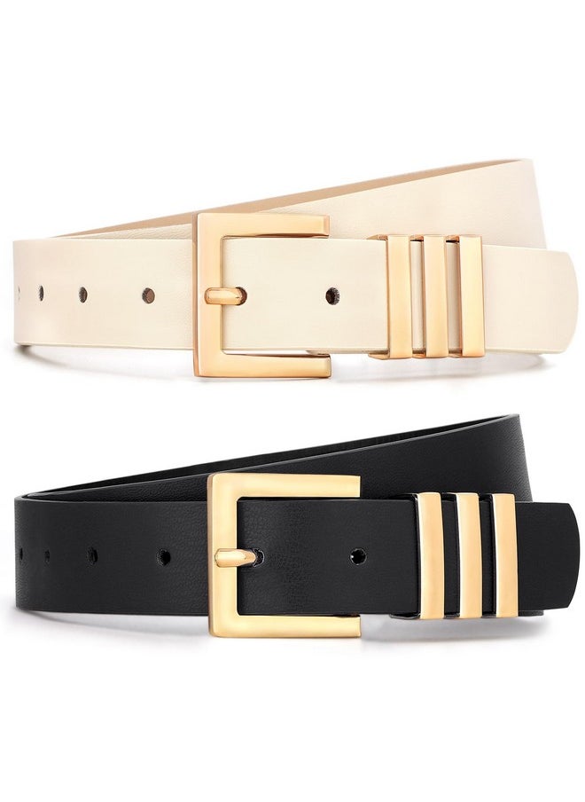 2 Pack Women'S Leather Belts Fashion Square Gold Buckle Ladies Belt For Jeans Pants Dress Black+Beige Xxl