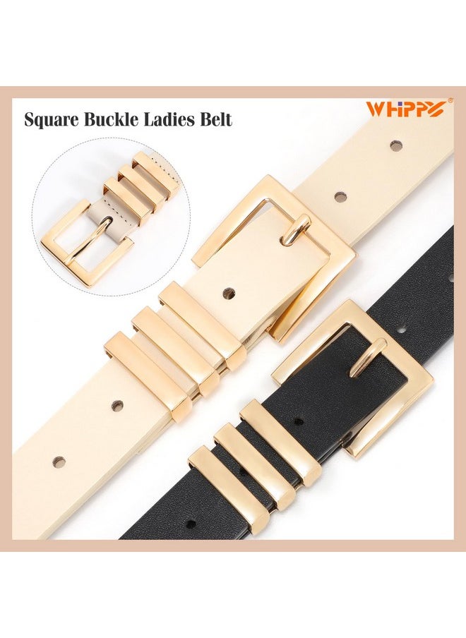 2 Pack Women'S Leather Belts Fashion Square Gold Buckle Ladies Belt For Jeans Pants Dress Black+Beige Xxl