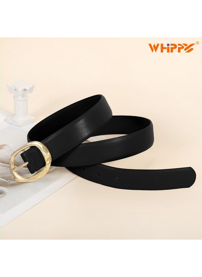 Leather Belt For Women Casual Waist Belt With Gold Buckle Fashion Ladies Belt For Jeans Pants Dress,Black,S