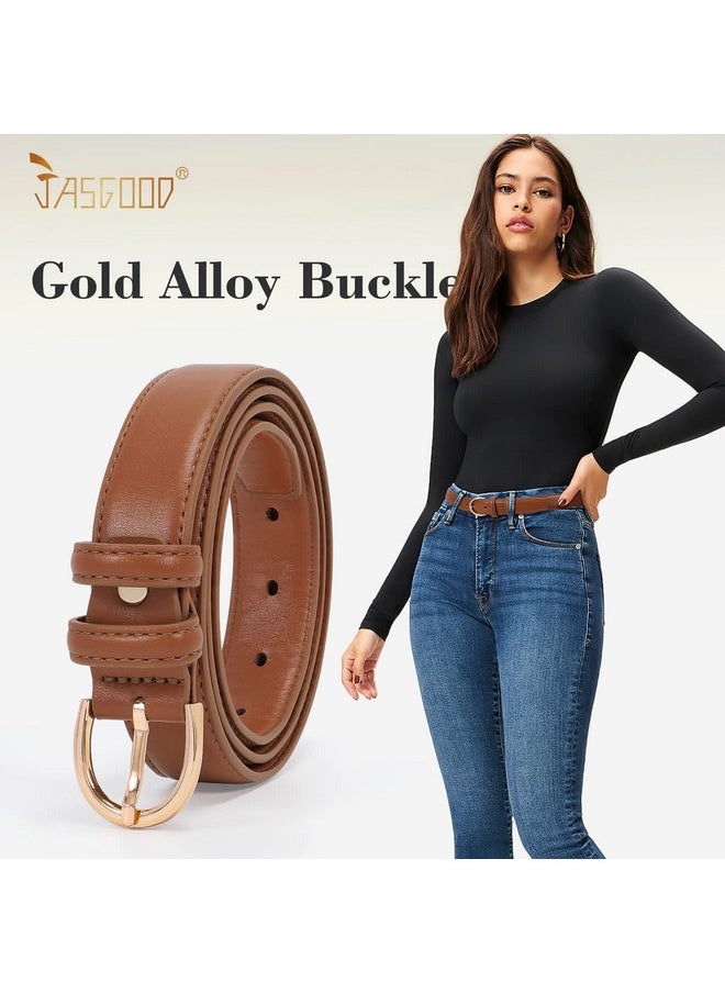 Women'S Brown Leather Belt For Jeans Pants Fashion Gold Buckle Ladies Dress Belt (Brown,Fit Size 35