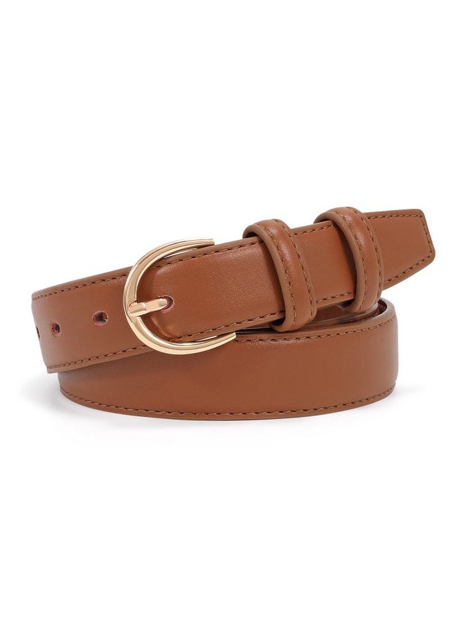 Women'S Brown Leather Belt For Jeans Pants Fashion Gold Buckle Ladies Dress Belt (Brown,Fit Size 35