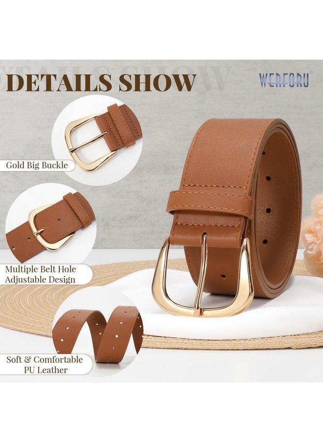 Women Wide Leather Belt Women Fashion Wide Belt For Dresses Jeans Ladies Fashion Wide Belt With Gold Buckle,Brown,Fit Waist Size 32