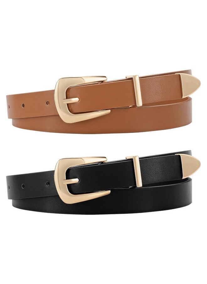 2 Pack Women'S Skinny Leather Belts Faux Leather Thin Waist Belts With Gold Buckle For Jeans Pants Dresses