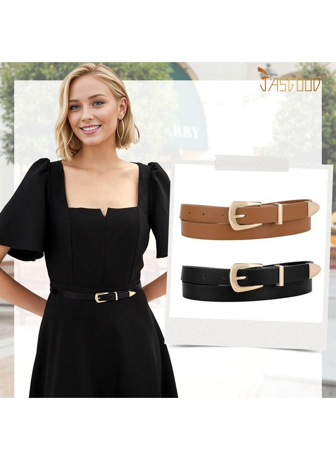 2 Pack Women'S Skinny Leather Belts Faux Leather Thin Waist Belts With Gold Buckle For Jeans Pants Dresses