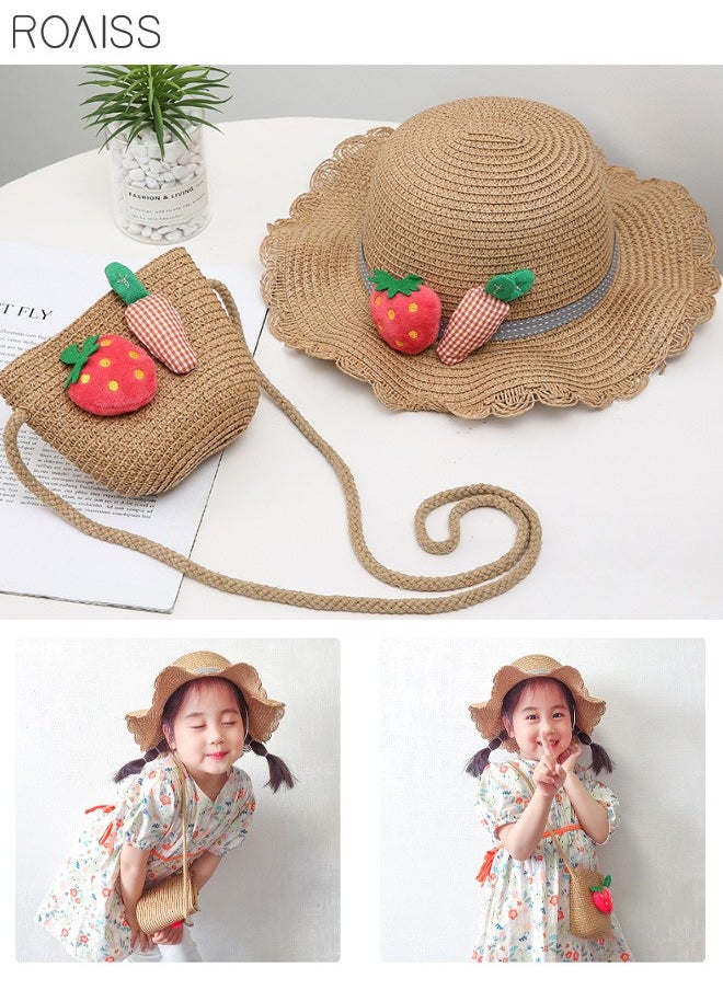 2-Piece Summer Children'S Sunshade Hat Beach Sunscreen Straw Hat Straw Woven Fisherman'S Hat Purse Set Travel Holiday Lovely Hat Satchel