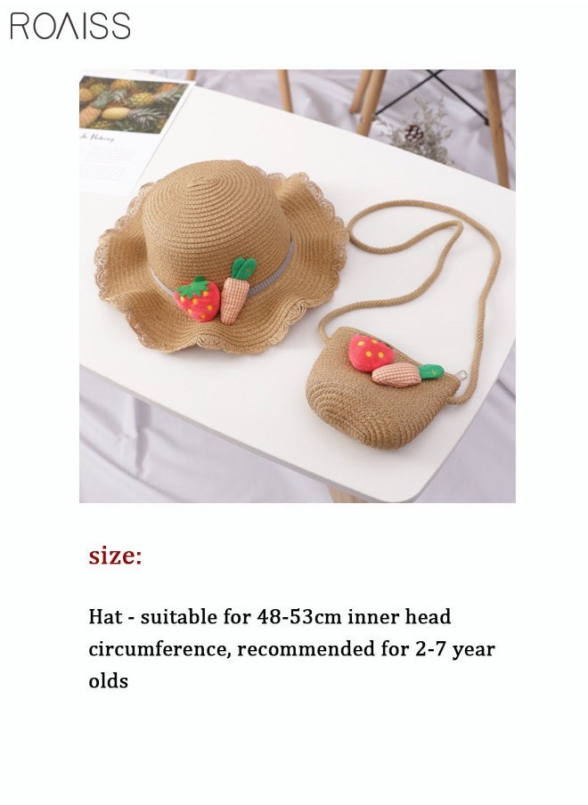 2-Piece Summer Children'S Sunshade Hat Beach Sunscreen Straw Hat Straw Woven Fisherman'S Hat Purse Set Travel Holiday Lovely Hat Satchel