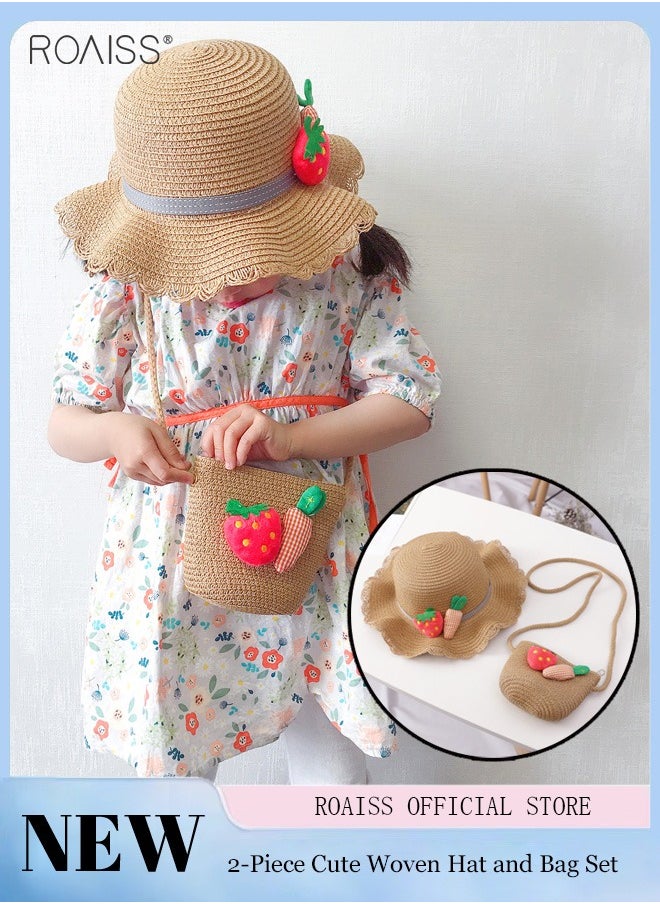 2-Piece Summer Children'S Sunshade Hat Beach Sunscreen Straw Hat Straw Woven Fisherman'S Hat Purse Set Travel Holiday Lovely Hat Satchel