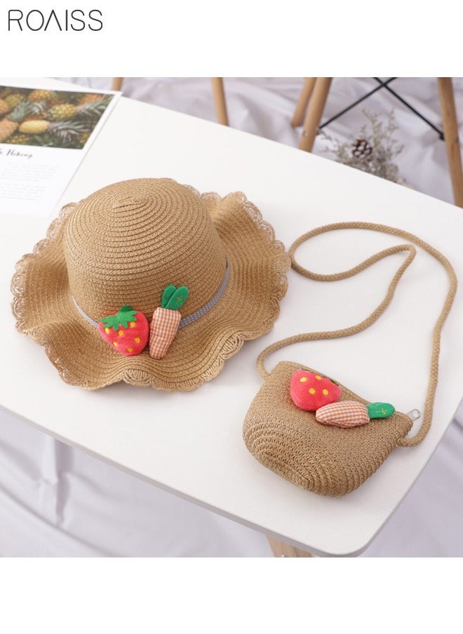 2-Piece Summer Children'S Sunshade Hat Beach Sunscreen Straw Hat Straw Woven Fisherman'S Hat Purse Set Travel Holiday Lovely Hat Satchel