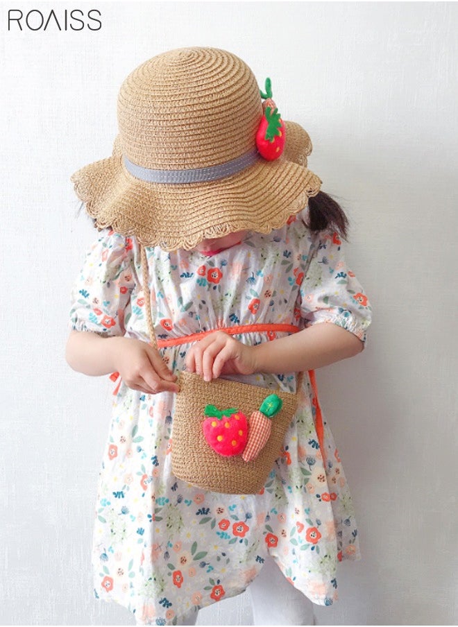 2-Piece Summer Children'S Sunshade Hat Beach Sunscreen Straw Hat Straw Woven Fisherman'S Hat Purse Set Travel Holiday Lovely Hat Satchel