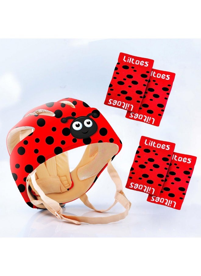 Baby Head Protector For Safety Of Kids 6M To 3 Years- Baby Safety Helmet With Proper Air Ventilation & Corner Guard Protection + 1 Pair Knee Pad + 1 Pair Elbow Pad (Polka Lady Bird)