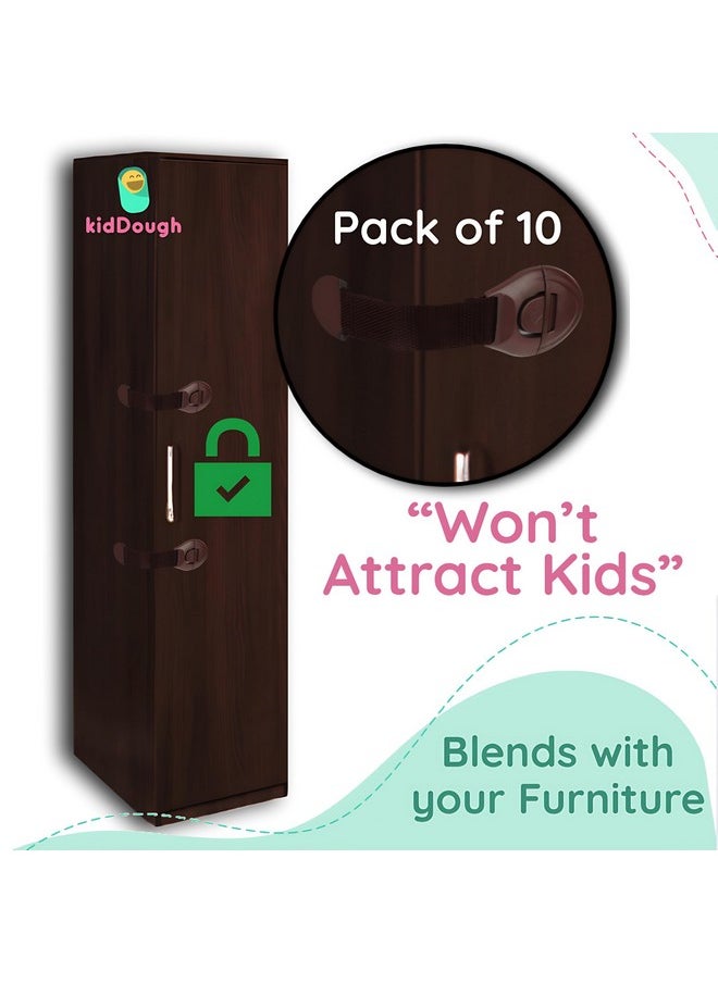 Furniture Safety Locks For Kids - Pack Of 10, Strong And Adhesive Child Safety Locks For Drawers, Cabinets, Fridge, Cupboard Lock, Baby Proofing Product (Brown)