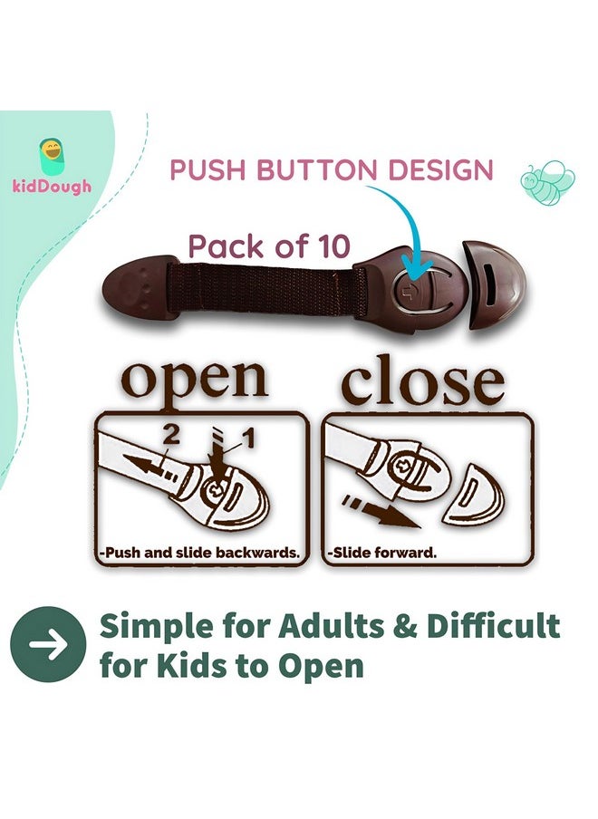 Furniture Safety Locks For Kids - Pack Of 10, Strong And Adhesive Child Safety Locks For Drawers, Cabinets, Fridge, Cupboard Lock, Baby Proofing Product (Brown)