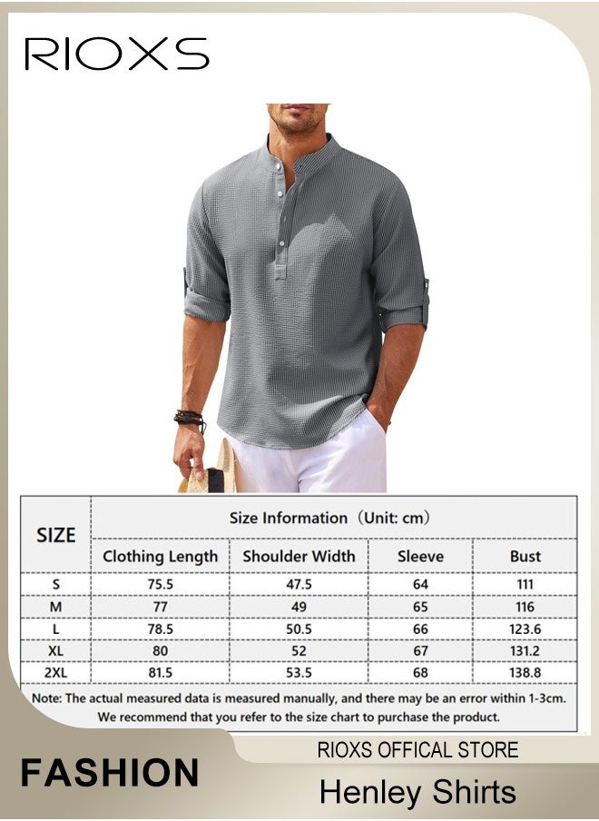 Men's Waffle Long Sleeve Henley Shirts, Casual Button Down Beach Pullover Tops, Roll Up Long Sleeve Shirt For Men, Stand Up Collar Tee Shirts, Comfy Breathable Men Blouse For Daily Wear