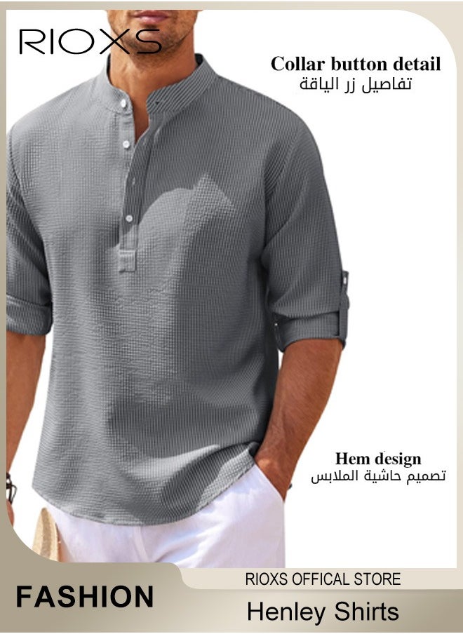 Men's Waffle Long Sleeve Henley Shirts, Casual Button Down Beach Pullover Tops, Roll Up Long Sleeve Shirt For Men, Stand Up Collar Tee Shirts, Comfy Breathable Men Blouse For Daily Wear