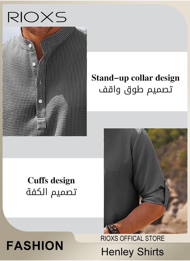 Men's Waffle Long Sleeve Henley Shirts, Casual Button Down Beach Pullover Tops, Roll Up Long Sleeve Shirt For Men, Stand Up Collar Tee Shirts, Comfy Breathable Men Blouse For Daily Wear