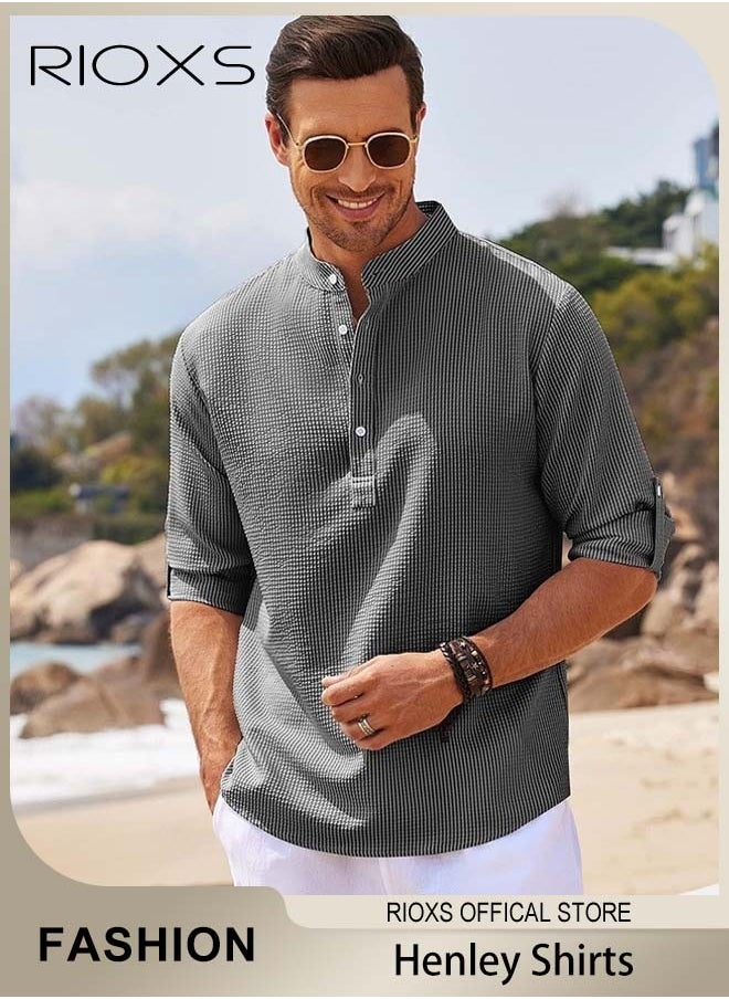 Men's Waffle Long Sleeve Henley Shirts, Casual Button Down Beach Pullover Tops, Roll Up Long Sleeve Shirt For Men, Stand Up Collar Tee Shirts, Comfy Breathable Men Blouse For Daily Wear