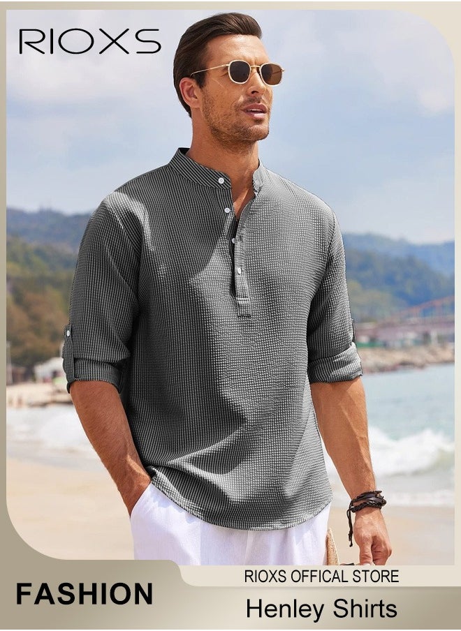 Men's Waffle Long Sleeve Henley Shirts, Casual Button Down Beach Pullover Tops, Roll Up Long Sleeve Shirt For Men, Stand Up Collar Tee Shirts, Comfy Breathable Men Blouse For Daily Wear