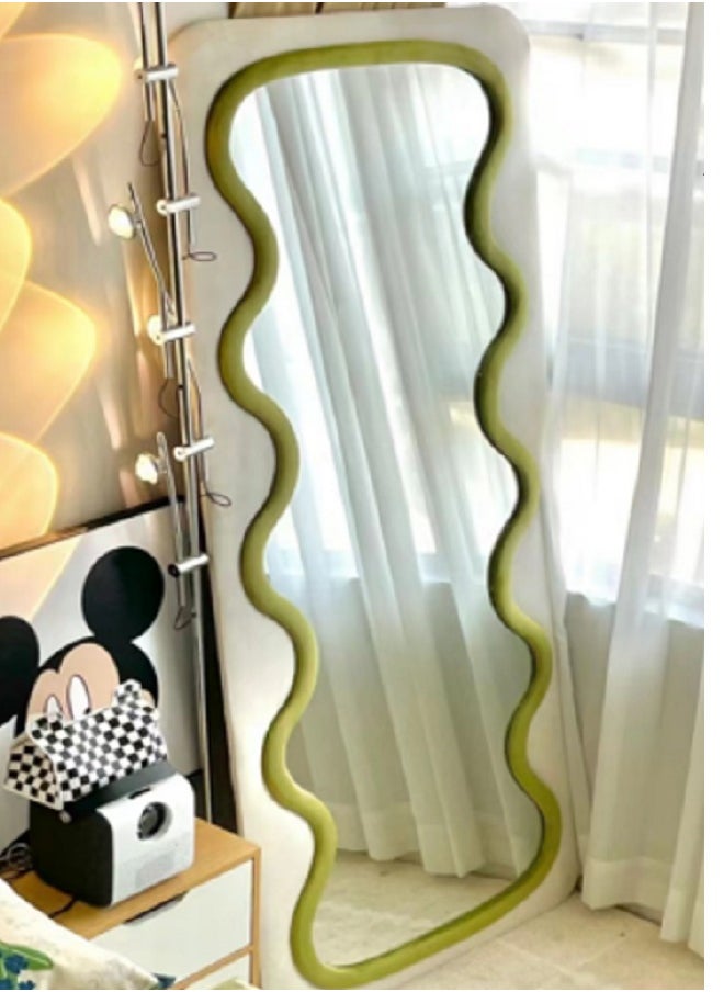 Full-length Mirror Floor Mirror, Irregular Wall Mirror Wavy Full Body Mirror for Bedroom Living Room, Hanging or Leaning Against Wall, Green