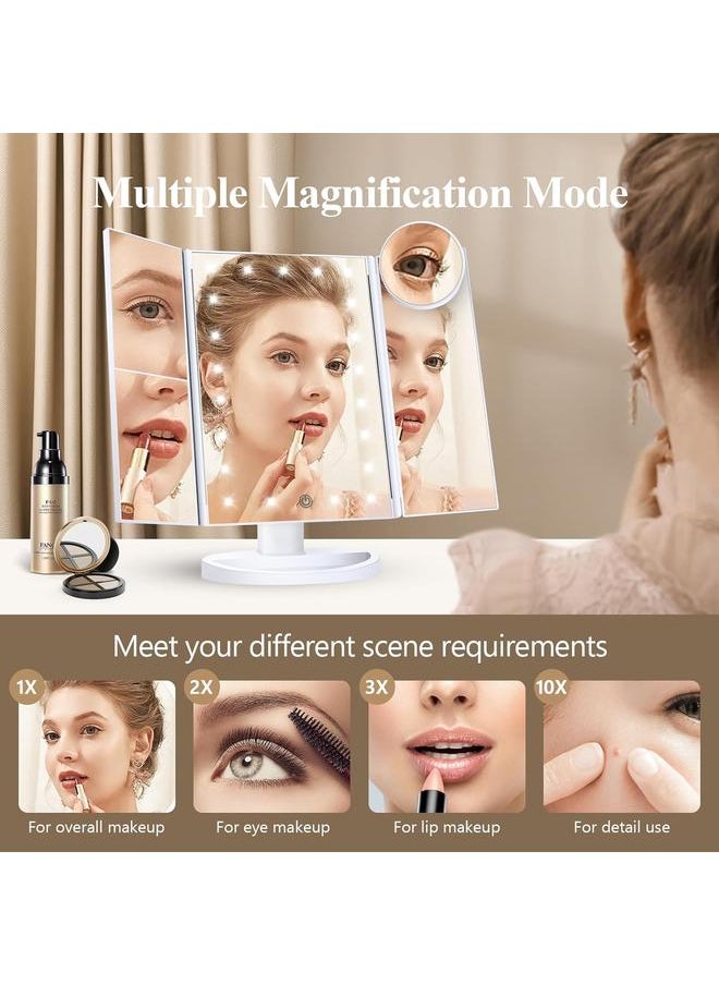 Makeup Mirror Vanity Mirror with Lights, 2X 3X 10X Magnification, Lighted Makeup Mirror, Touch Control, Trifold Makeup Mirror, Dual Power Supply, Portable LED Makeup Mirror, Women Gift (White)