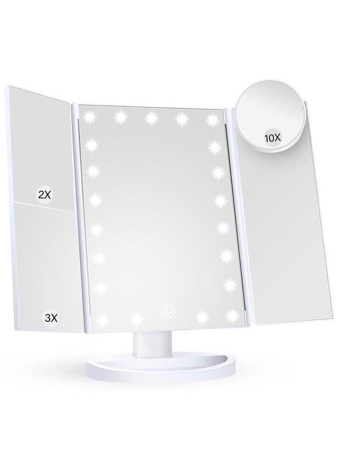 Makeup Mirror Vanity Mirror with Lights, 2X 3X 10X Magnification, Lighted Makeup Mirror, Touch Control, Trifold Makeup Mirror, Dual Power Supply, Portable LED Makeup Mirror, Women Gift (White)