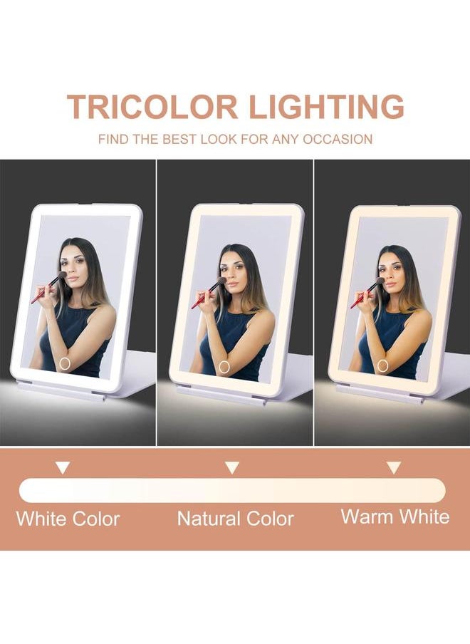 LED Foldable Travel Makeup Mirror - 5x7 inches 3 Colors Light Modes USB Rechargeable Touch Screen, Portable Tabletop Cosmetic Mirror for Travel, Cosmetic, Office (White)