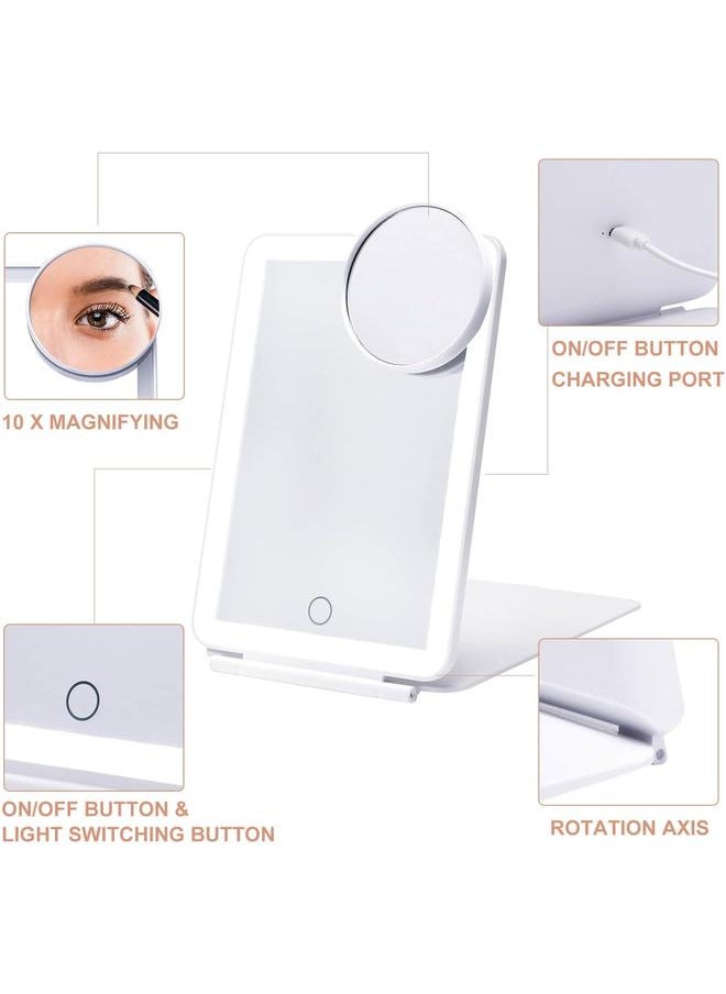 LED Foldable Travel Makeup Mirror - 5x7 inches 3 Colors Light Modes USB Rechargeable Touch Screen, Portable Tabletop Cosmetic Mirror for Travel, Cosmetic, Office (White)