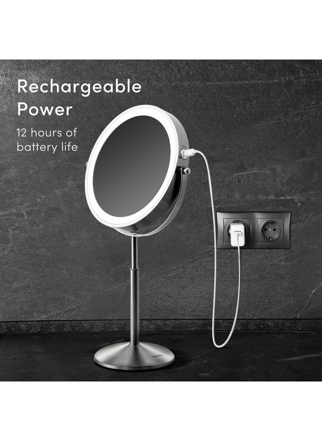 bluejw 8 Inch Lighted Makeup Mirror with Magnification, 10X /1X - Height Adjustable, Rechargeable, Double Sided LED Vanity Mirror with Light and Stand, 360° Swivel (Hailey)