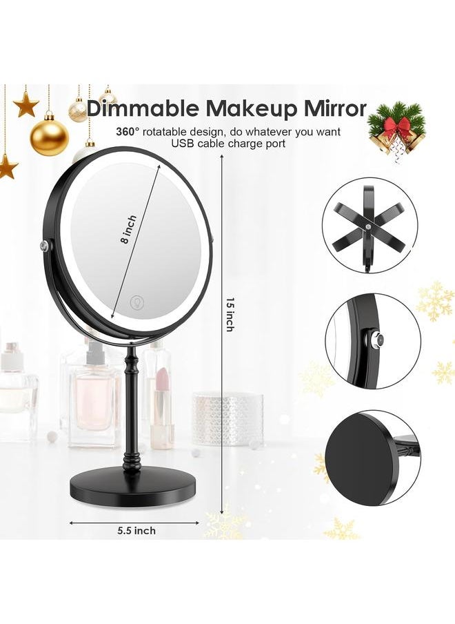 Lighted Makeup Mirror, 3000 mAh Rechargeable Double Sided Magnifying Mirror with 3 Colors, 1x/10x 360° Rotation Vanity Mirror, Brightness Adjustable Magnification Cosmetic Light up Mirror, Women Gift