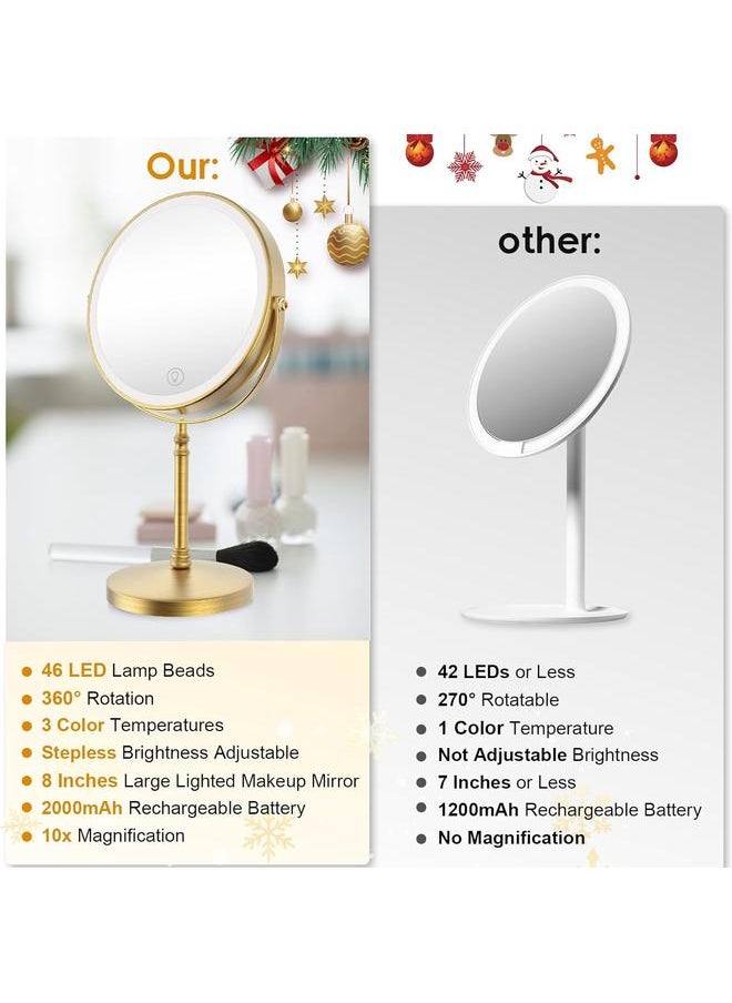 Lighted Makeup Mirror, 3000 mAh Rechargeable Double Sided Magnifying Mirror with 3 Colors, 1x/10x 360° Rotation Vanity Mirror, Brightness Adjustable Magnification Cosmetic Light up Mirror, Women Gift