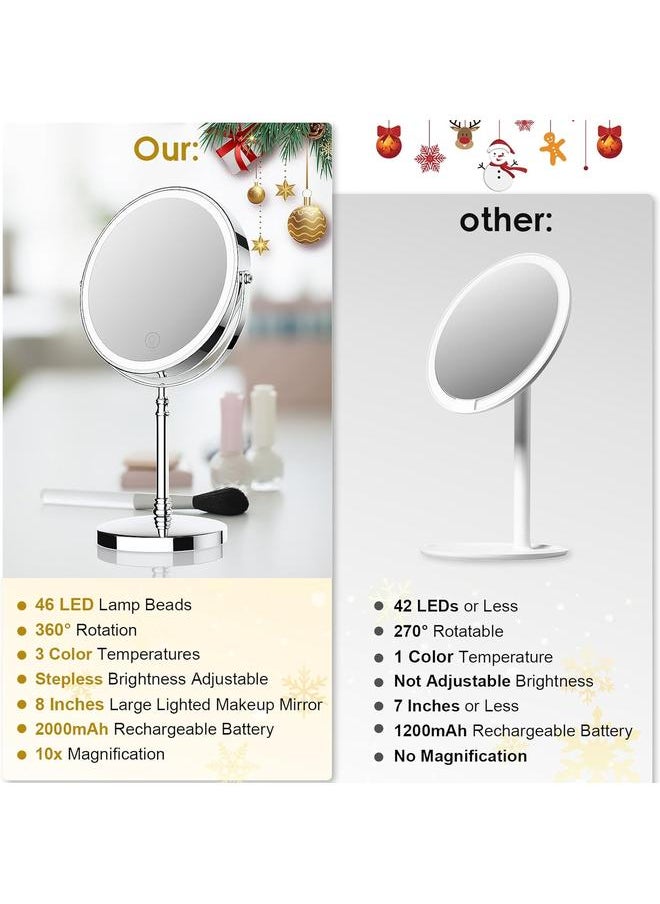 Lighted Makeup Mirror, 3000 mAh Rechargeable Double Sided Magnifying Mirror with 3 Colors, 1x/10x 360° Rotation Vanity Mirror, Brightness Adjustable Magnification Cosmetic Light up Mirror, Women Gift