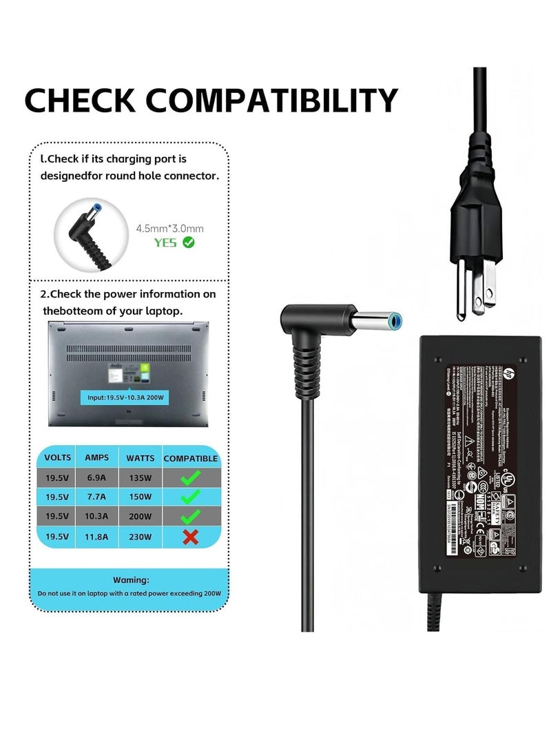 200W Charger fit for HP OMEN Pavilion Gaming 15 17 Envy 15 OMEN 15 15t 17 17t TPN-DA10 19.5V 10.3A Laptop Adapter Connector Size:4.5x3.0 mm Blue tip