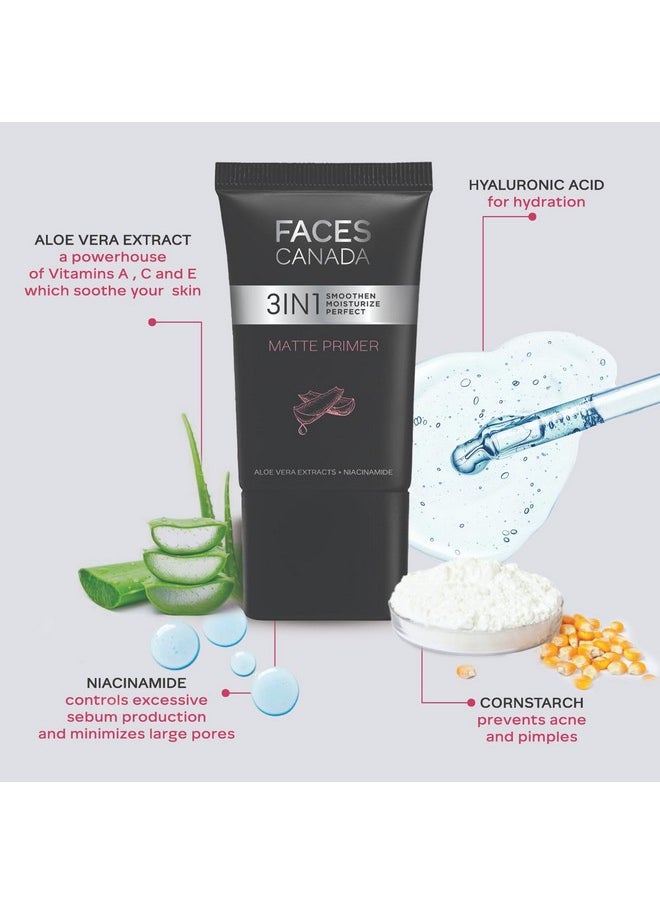 Faces Canada Matte Primer, 30G | Oil-Free Matte Finish | Lightweight Gel Texture | Smoothens & Moisturizes Skin | Niacinamide, Hyaluronic Acid, Vitamin A, C & E | No Alcohol & Parabens