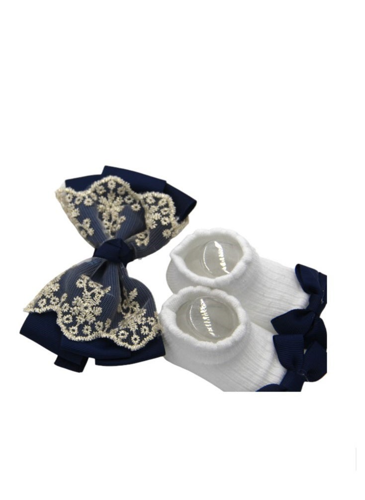 Bambimici - Aaliyah Socks & Cute Ribbon Big Bow Headband Set - Navy Blue