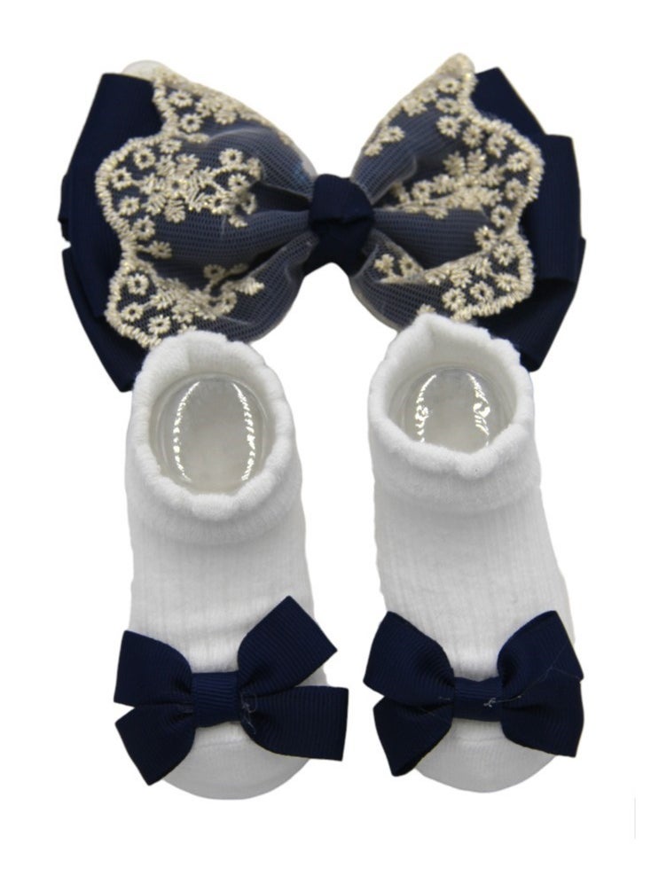 Bambimici - Aaliyah Socks & Cute Ribbon Big Bow Headband Set - Navy Blue