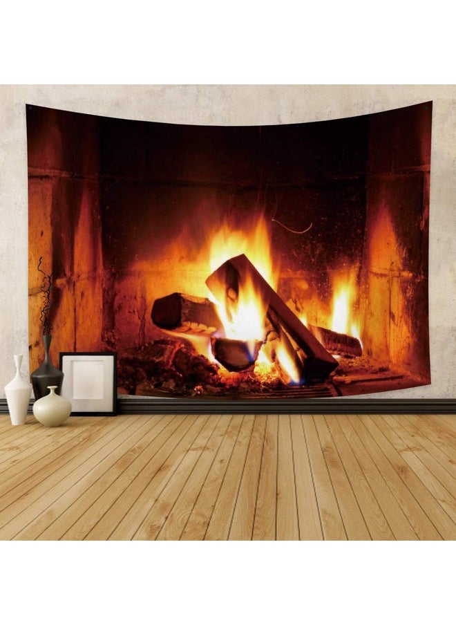 39.4X27.6 Inches Burning Fire Tapestry Christmas Wood Fireplace Bright Brick Wall Hanging Vintage Merry Christmas Presents Elements Festival Celebrate Wall Tapestry For Living Room Decor