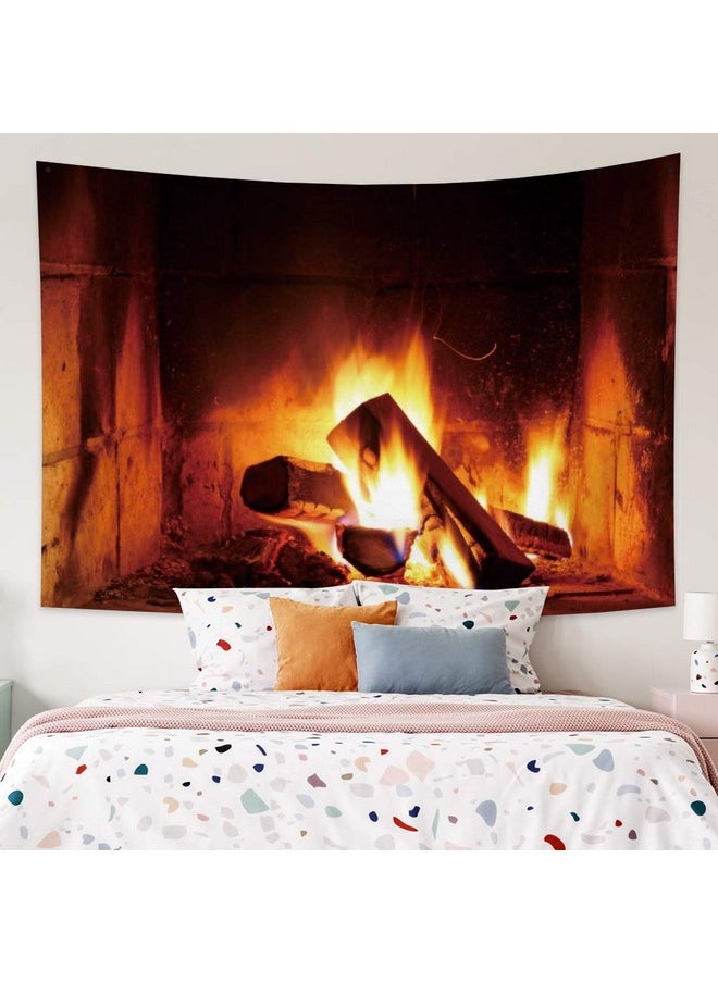 39.4X27.6 Inches Burning Fire Tapestry Christmas Wood Fireplace Bright Brick Wall Hanging Vintage Merry Christmas Presents Elements Festival Celebrate Wall Tapestry For Living Room Decor