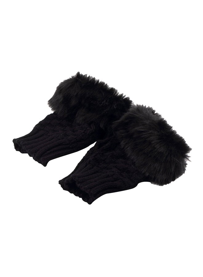 Fashion Arm Warmer Fingerless Knitted Fur Trim Mitten Gloves Black