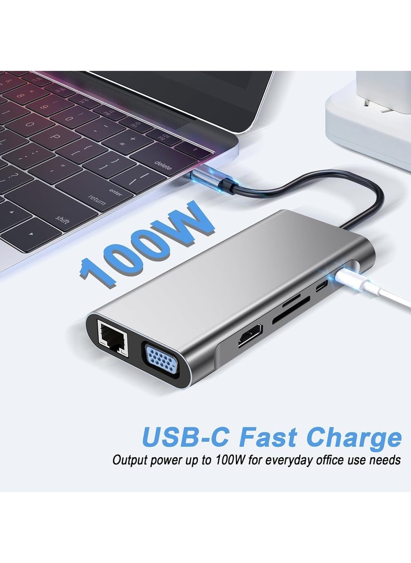 12-in-1 USB C Hub Docking Station with 4K HDMI, VGA, USB 3.0, Ethernet, SD/TF Card Reader, and More – Perfect for MacBook Pro, MacBook Air & Type-C Devices – Expand Your Workstation