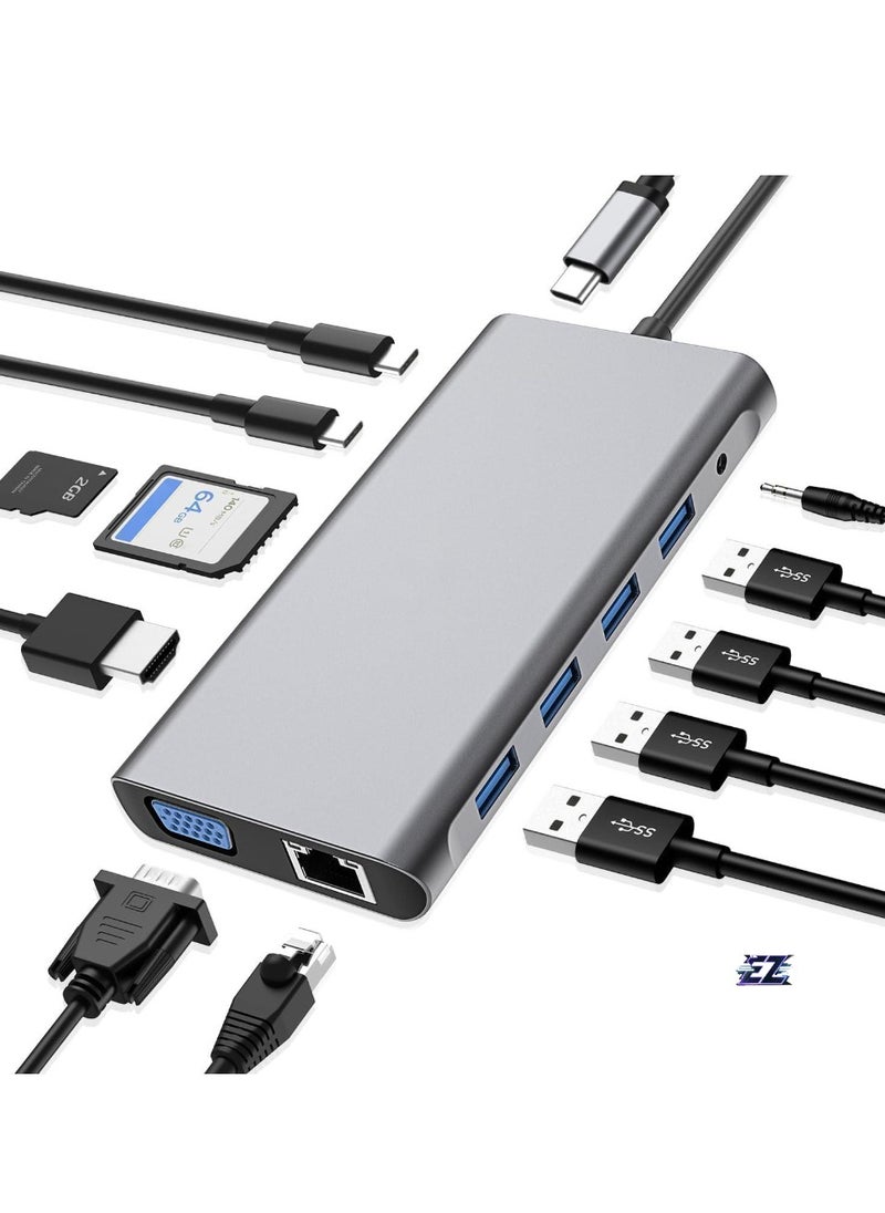 12-in-1 USB C Hub Docking Station with 4K HDMI, VGA, USB 3.0, Ethernet, SD/TF Card Reader, and More – Perfect for MacBook Pro, MacBook Air & Type-C Devices – Expand Your Workstation