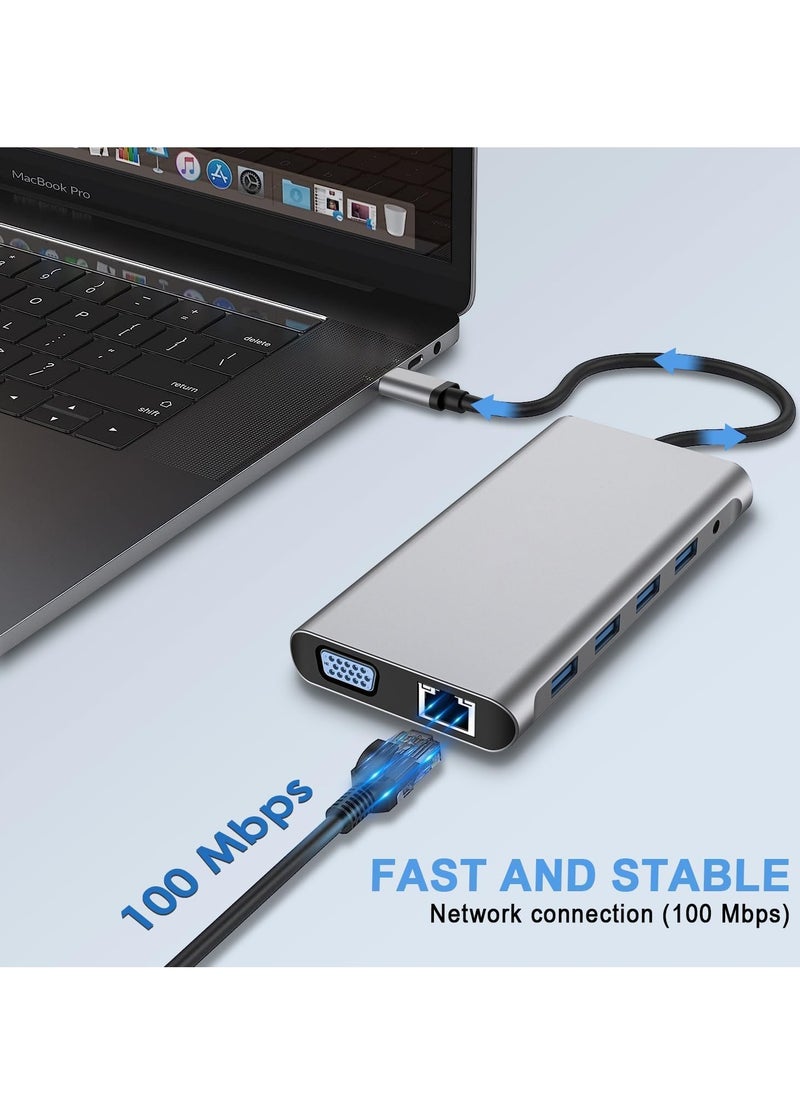 12-in-1 USB C Hub Docking Station with 4K HDMI, VGA, USB 3.0, Ethernet, SD/TF Card Reader, and More – Perfect for MacBook Pro, MacBook Air & Type-C Devices – Expand Your Workstation