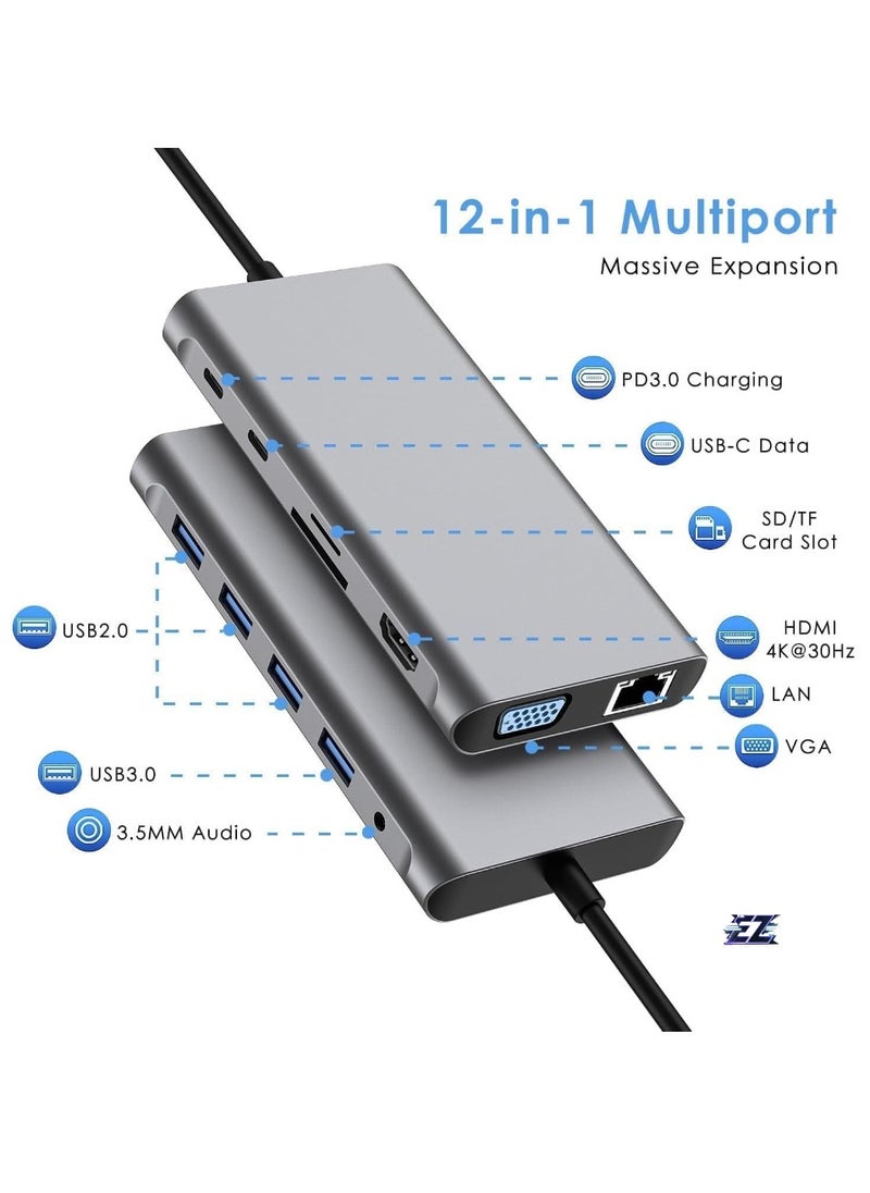 12-in-1 USB C Hub Docking Station with 4K HDMI, VGA, USB 3.0, Ethernet, SD/TF Card Reader, and More – Perfect for MacBook Pro, MacBook Air & Type-C Devices – Expand Your Workstation