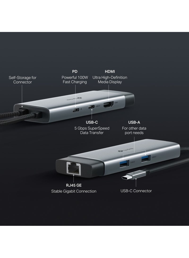 UH6120C USB C Hub PD100W, 4K 60Hz HDMI, 1× USB C 5Gbps, 2× USB A 5Gbps, Gigabit Ethernet, Compatible with MacOS, Windows, Linux, iPad OS, iOS, Android, ChromeOS, Nintendo Grey