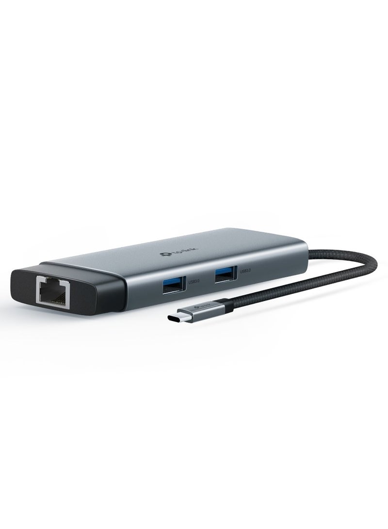 UH6120C USB C Hub PD100W, 4K 60Hz HDMI, 1× USB C 5Gbps, 2× USB A 5Gbps, Gigabit Ethernet, Compatible with MacOS, Windows, Linux, iPad OS, iOS, Android, ChromeOS, Nintendo Grey