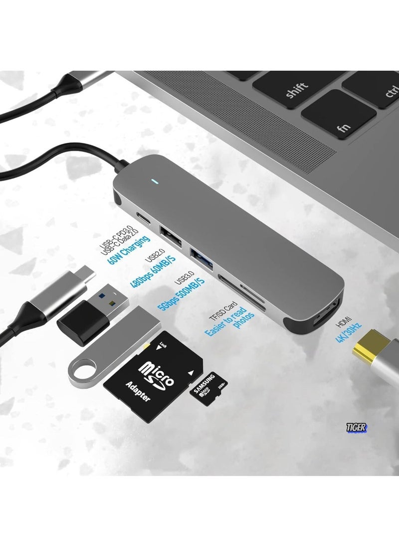 6-in-1 USB C Hub with USB 3.0, 4K HDMI, USB C PD, SD/TF Card Reader – Multiport Docking Station for MacBook Pro, MacBook Air & Type-C Devices – Expand Connectivity, High-Speed Data Transfer, and Power Delivery