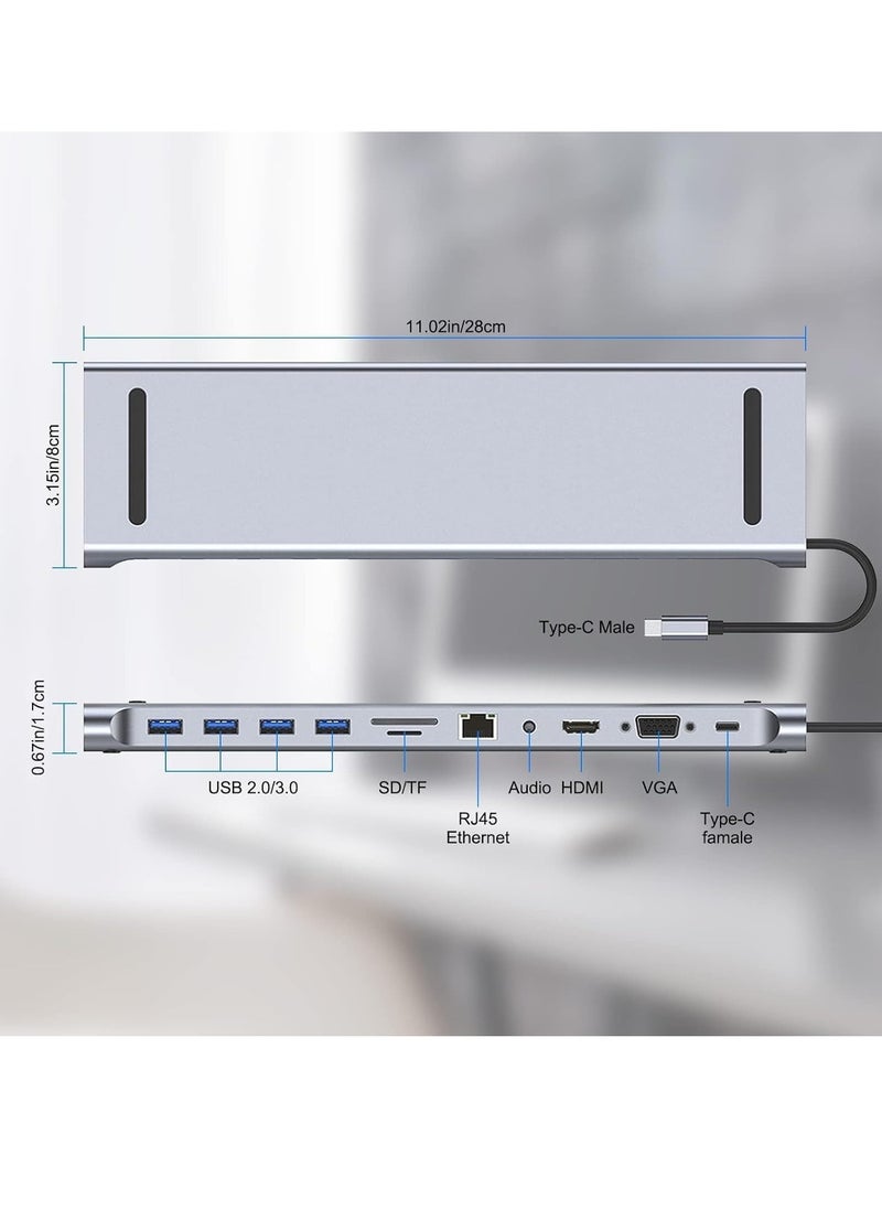 11-in-1 USB C Docking Station with 4K HDMI, VGA, SD/TF Reader, 4 USB 3.0 Ports, RJ45 Ethernet – Multiport Adapter for MacBook, Mac Pro, iMac & Laptops – Expand Connectivity & Boost Productivity