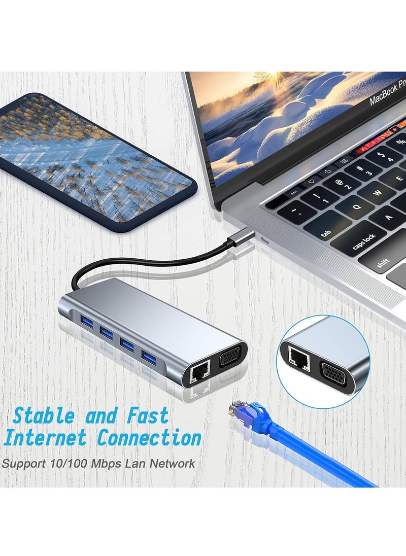 11-in-1 USB C Hub with 4K HDMI, VGA, USB 3.0, Ethernet, SD/TF Card Readers – Multiport Docking Station for MacBook Pro, MacBook Air & Type-C Devices – Expand Connectivity, High-Speed Data Transfer, Power Delivery & More