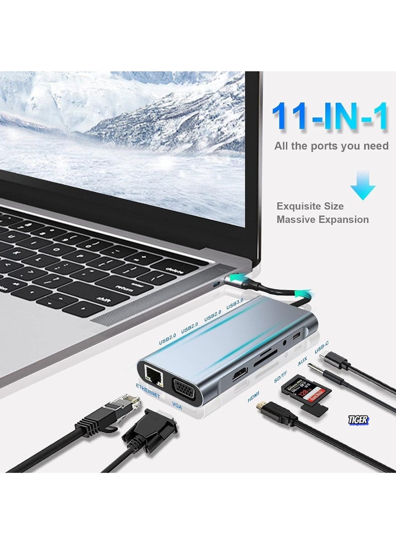 11-in-1 USB C Hub with 4K HDMI, VGA, USB 3.0, Ethernet, SD/TF Card Readers – Multiport Docking Station for MacBook Pro, MacBook Air & Type-C Devices – Expand Connectivity, High-Speed Data Transfer, Power Delivery & More