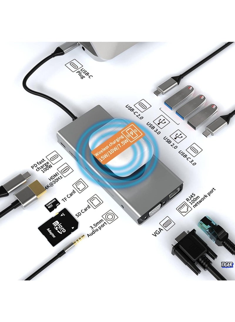 13-in-1 USB C Docking Station with Wireless Charging, 4K HDMI, VGA, USB 3.0, USB C, Ethernet, SD/TF Card Reader – Multiport Dock for MacBook Pro, Type-C Laptops & Devices – Expand Connectivity, Power Delivery, High-Speed Data Transfer & More